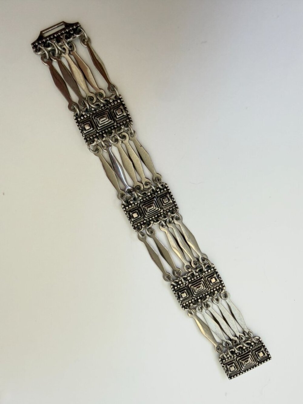 Vintage Mexico Sterling Silver Geometric Panel Bracelet 925 Mid Century Boho